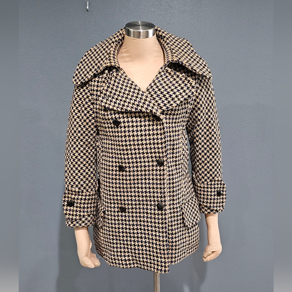 Vtg 70s FOX RUN by Little Foxes Women Navy Tan Wool Houndstooth Peacoat S